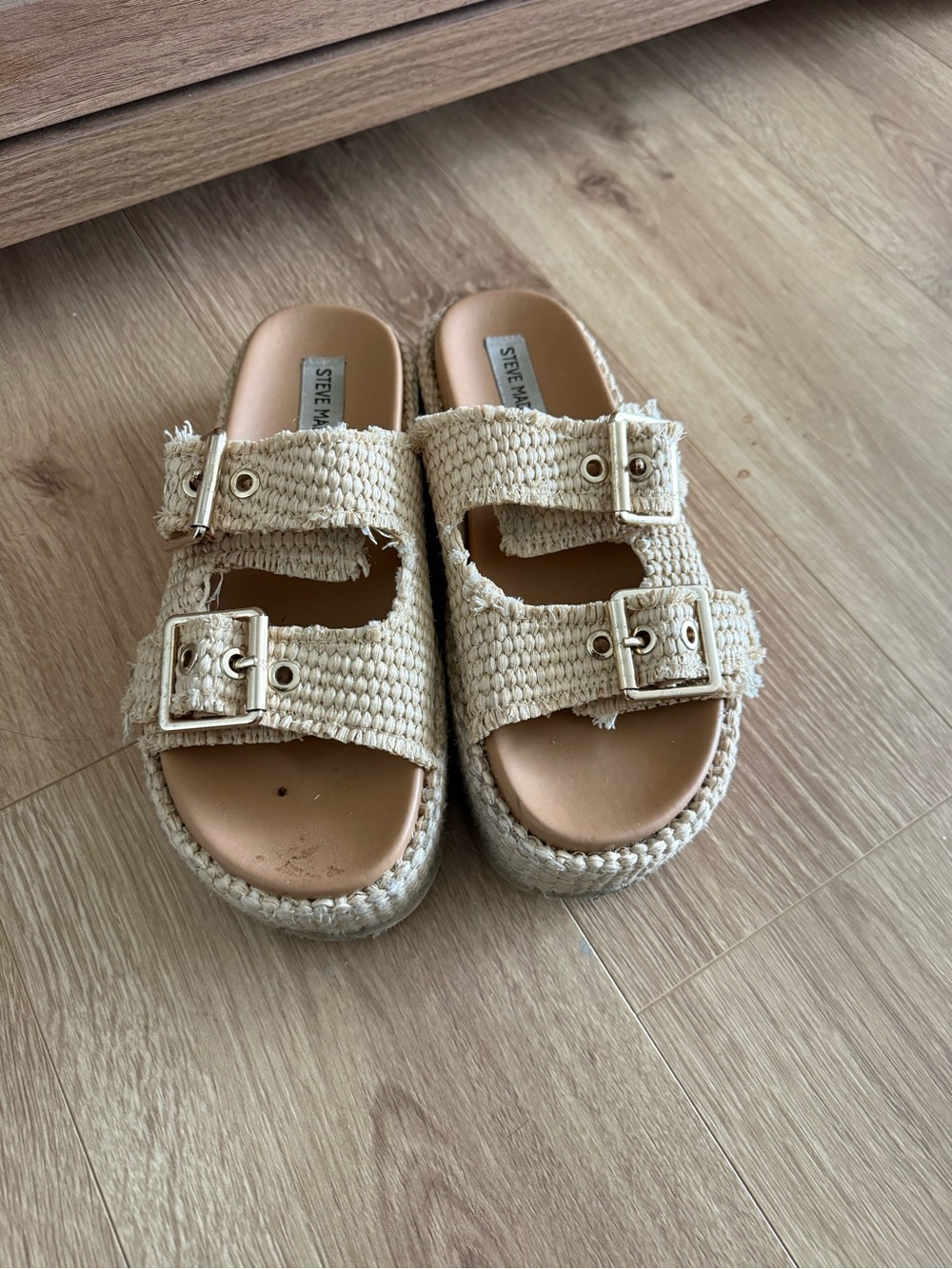 Steve Madden Natural Woven Double Buckle Platform Slides - Picture 2 of 2